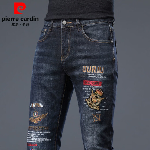 皮尔卡丹（pierre cardin）香港男士针织牛仔裤春秋冬新款时尚刺绣花弹力修身休闲百搭小脚裤 浅灰色6628 32 (2尺5)