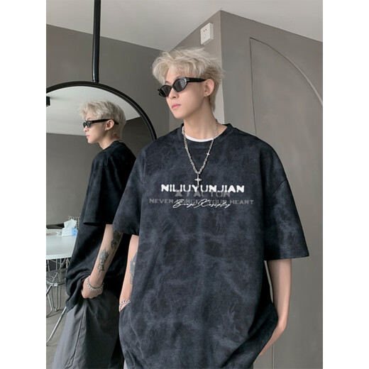 Black Box White American Tie-Dye Kurzärärmelte T-Shirt für Männer 2025 Sommerkleidung Herrenmodemarke Schwere, halbärmelige Paar T-Shirt für Männer, Weiß regelmäßig [Vorgeschlagen, eine größere Größe zu nehmen] l [110-130jin [Jin gleich 0,5 kg]]]