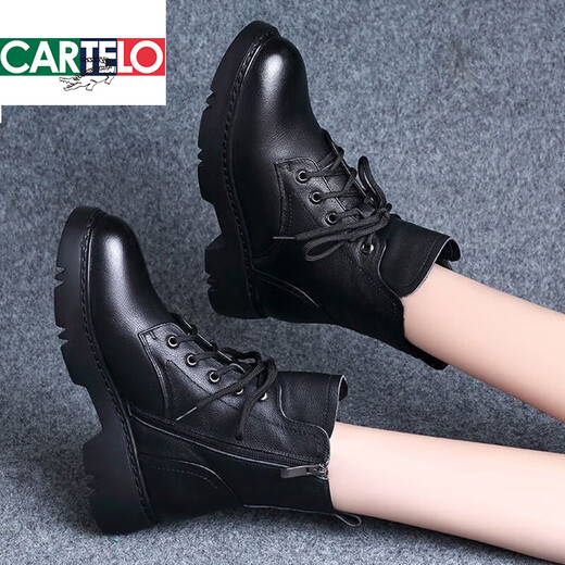 卡帝乐鳄鱼（CARTELO）时尚百搭真皮马丁靴女2025新款秋冬季单靴厚底加绒短靴女鞋 黑色【加绒】 36