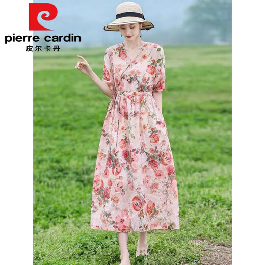 
Pierre cardin retro ethnic style women's long skirt summer age-reducing mother m mother suit lace waist slimming cotton linen dress floral dress 683 pink L