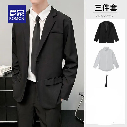 Luo Meng suit set, a complete set of new wedding performance, Korean version, casual commuting, college student interview, professional formal suit, black suit + trousers + white shirt + tie (four-piece set) M