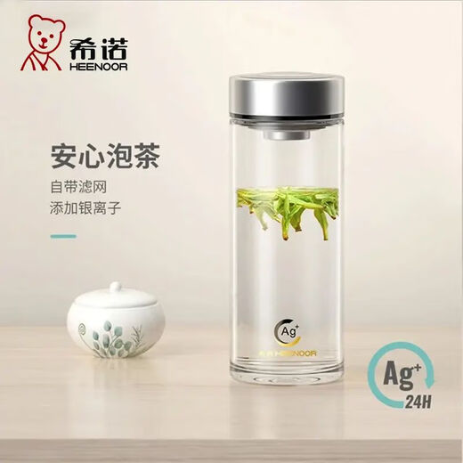 HEENOOR Einschicht Antibakterielles Glasbecher mit Filterbärtbecher mit einer großen Kapazität mit Abdeckung XN9905 500 ml [Silber-Ion-Antibakterien-Leder-Hülle Cup-Pinsel]