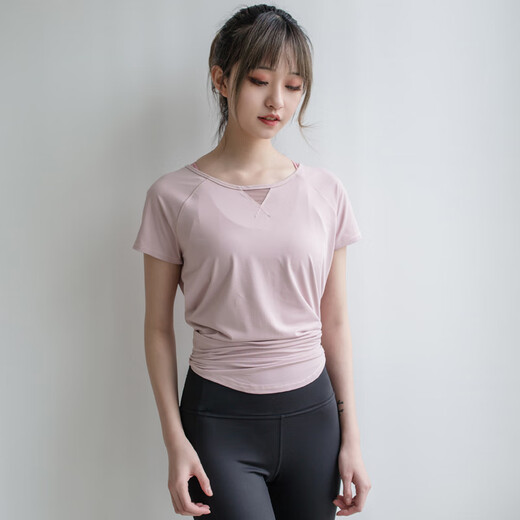 Yoga girl summer yoga wear Pilates mesh short-sleeved loose running blouse quick-drying sports suit pink top + black trousers S (80-95Jin Jin equals 0.5kg)