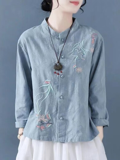 温莱蔓莎小个子女士棉麻衬衫女春秋长袖亚麻上衣中式盘扣茶服刺绣薄款衬衣 蓝色 [少量现货] L 建议901105斤