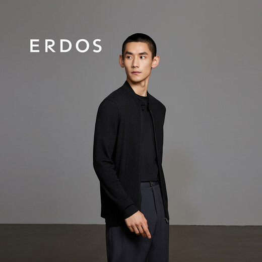 ERDOS 春夏精纺双层立领翻花开衫修身百搭休闲时尚男针织衫羊毛衫 黑 XL 180/100A