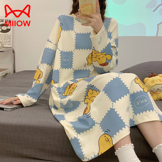 猫人（MiiOW）带胸垫睡裙女纯棉长袖可爱公主风网红大码睡衣宽松2025新款春秋季 CK-16857 M 【无胸垫】