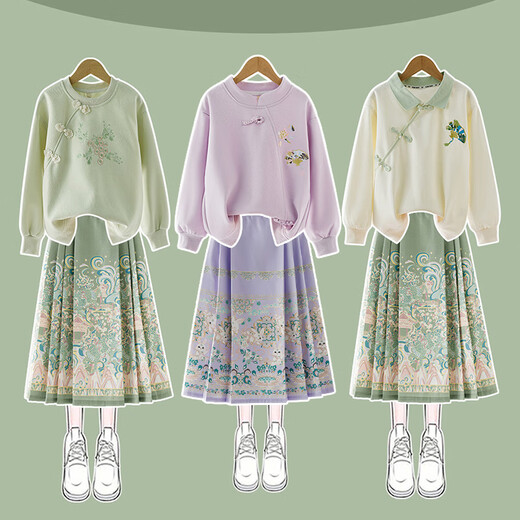 Yoyo one (Yoyo one) girls dress autumn and winter suit children 2025 new Chinese Hanfu big children spring and autumn national style horse face skirt 4907 beige + 4411 green without velvet 140
