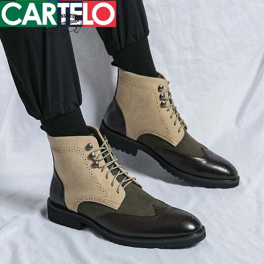 卡帝乐鳄鱼（CARTELO）秋冬加绒保暖切尔西靴男士尖头马丁靴英伦内增高男靴真皮短靴皮鞋 棕色(M841-2加绒增高款) 38