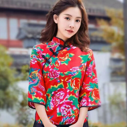 Ning Xinyan Northeast big flower cloth clothes village girl duo performance costumes funny sisters costume square dance yangko costume suit new red big flower single top L (recommended 95-110Jin Jin is equal to 0.5 kg)