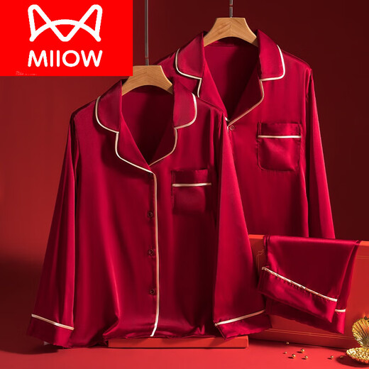 Cat Man (MiiOW) red wedding newlywed ice silk couple pajamas for women spring and autumn festive long-sleeved new home clothes men's boutique set 101 wine red long-sleeved trousers two sets 3XL women's size L size men's