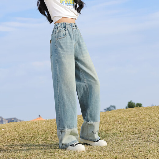 Yoyo One (Yoyo One) Mädchen Jeans Frühling und Herbst 2025 neue Kinder Herbst-Modehose Big Children's Frühlingskleidung Trendy Straight Wide-Big Hosen 13093 Blau + 4882 Weiß [Set] 120 cm