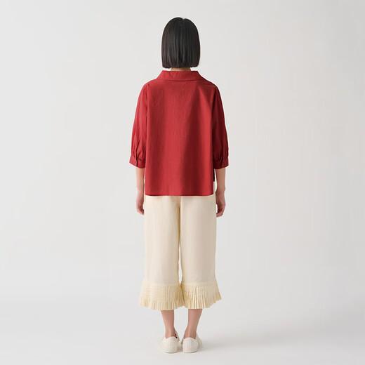 MUJIIDEE Women's Plain Three Quarter Sleeve Shirt Women's Shirt Jacket Spring and Autumn GAD05C4S Dark Red M (155/80A)