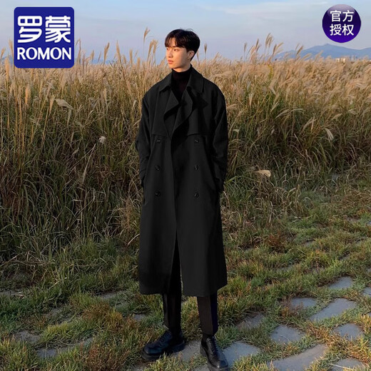 ROMON Korean style windbreaker men's mid-length trendy loose knee-length double-breasted coat autumn and winter thickened Japanese coat black 2XL