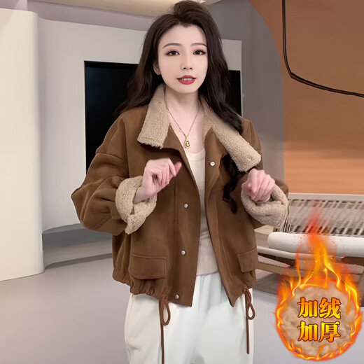 NYIG小个子复古加绒加厚保暖短外套女冬季新款皮毛一体羊羔绒夹克上衣 棕色 M (建议100斤以内)
