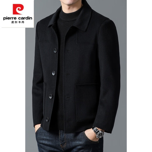 皮尔卡丹（pierre cardin）秋冬季羊毛加厚双面呢大衣男士短款翻领休闲毛呢纯色夹克外套 黑色 L 175