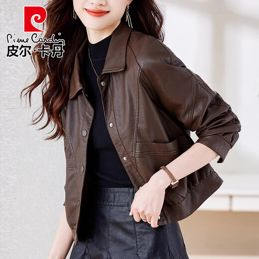 Pierre Cardin Motorcycle Leather Short Jacket Women's 2025 Spring and Autumn New Style Fashionable Small Leather Jacket Top Versatile Classic Brown M