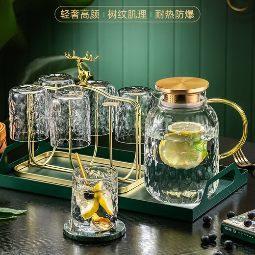 MIDOC light luxury glass water cup, home tea cup, high-looking bark pattern heat-resistant living room drinking cup set for entertaining guests, 6 tree pattern cups + gold frame + tree pattern pot + green tray