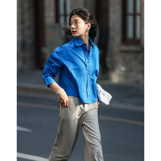 Demana simple and comfortable shirt, spring and autumn lapel diamond blue double patch pocket short long-sleeved shirt for women