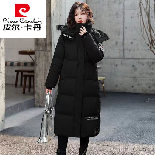 Pierre Cardin down jacket mid-length women's 2025 winter new thickened warm extra long fashion loose cotton jacket black (original quality) XL recommended 125-140Jin Jin equals 0.5 kg