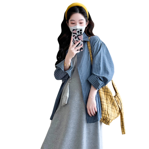 Geman Mutterschaftskleid Sommer Dünn 2025 Koreanische Version Lazy Style Anzug Hemd Mutterschaftskleid Zweiteiler Weste Long Rock Schwarzer Hossportrock + Blaues Shirt xl