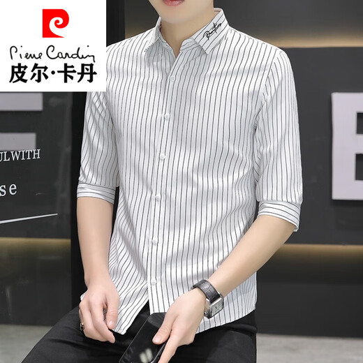 皮尔卡丹（pierre cardin）夏季新品七分袖衬衫男士韩版潮流白衬衣帅气中袖男条纹上衣针织 HTB-682白色升级款 L 110-124斤