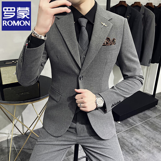 ROMON high-end commuter large size suit men's business casual suit Korean version slim suit wedding groom three-piece suit dark gray suit + trousers 2XL 135-145Jin Jin equals 0.5 kg