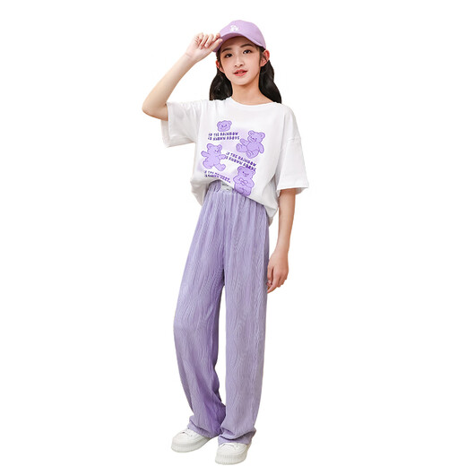 NICKYBABY女童夏季短袖套装2025新款洋气时髦童装中大童儿童两件套休闲夏装 15009紫色+9905白色【套装】 120