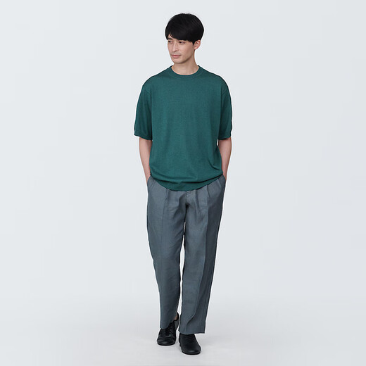 无印良品（MUJI） 男式 防紫外线麻混圆领短袖毛衣男款针织衫 硬核防晒AA0QGA4S 深绿色 XL 180/104A