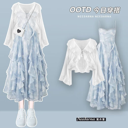 ZiLuolan French dress for women 2025 summer new style set sunscreen shirt top with slim suspender skirt M675 blue shirt + blue dress Two-piece set M Recommended 80-100Jin [Jin equals 0.5 kg]