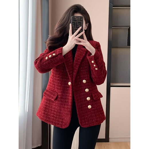 皮尔卡丹（pierre cardin）小香风西装女外套2025新款设计感显瘦轻奢减龄加棉加厚秋冬款外套 黑色 加厚 M 建议95-108斤