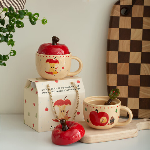 Fourth Moon Cute Cup Apple Ceramic Cup Water Cup with Lid High-Looking Mug Girl Birthday Gift Big Apple Girl (Cup + Lid + Spoon)