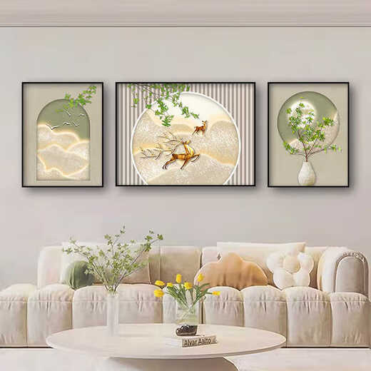 Sense painting cream style living room decoration painting modern simple sofa background wall hanging painting Fulu triplet 2025 new mural JD13588 left and right 35*50 middle 70*50 crystal porcelain diamond-inlaid aluminum alloy gold frame