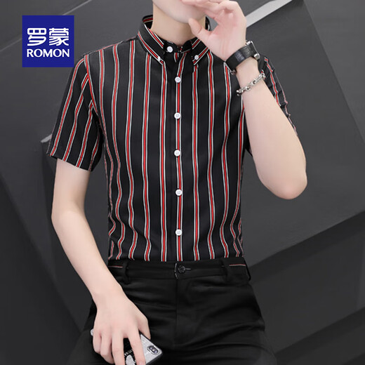 
Romon ice silk short-sleeved shirt men's summer cool feeling, no ironing, anti-wrinkle business casual slim half-sleeved shirt top white thin strip XL