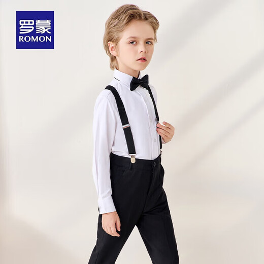 罗蒙儿童礼服六一演出服男童毕业主持长袖长裤背带套装 黑色150