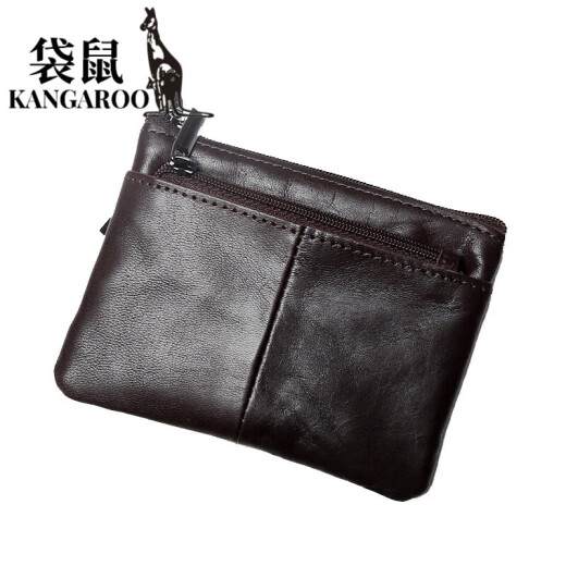 
Kangaroo (KANGAROO) handmade genuine leather small coin wallet business card card bag head layer cowhide simple zipper driver's license bag bus card key bag dark brown