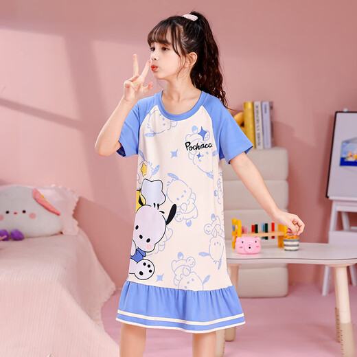 Mädchen Nachthemd Sommer reines Baumwoll kurzärmeligte Pyjama Kinder Mädchen Mittelkind Dünne Cartoon Kulomi Home Kleid GB6189 Blau Parcado Big Boy 24 Größe Höhe 155-165cm120jin [Jin gleich 0,5 kg]