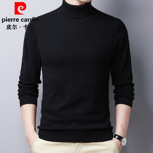 Pierre Cardin 100% cardigan men's autumn and winter turtleneck thin solid color sweater versatile knitted sweater black 175