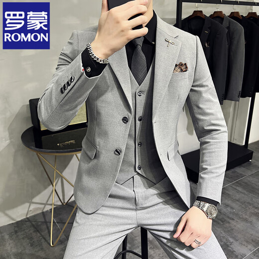 ROMON high-end commuter large size suit men's business casual suit Korean version slim suit wedding groom three-piece suit dark gray suit + trousers 2XL 135-145Jin Jin equals 0.5 kg