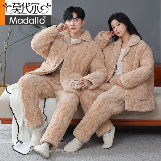 Modal coral velvet pajamas couple outfits for men and women autumn and winter style plus velvet thickened three-layer cotton warm home clothing set 1365 couples 2XL 3-layer women's style