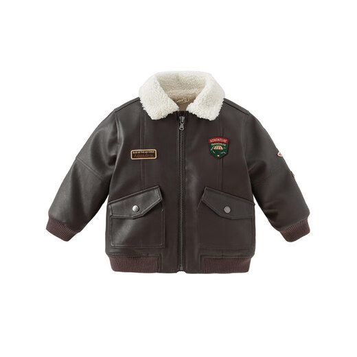 DAVE&BELLA boys' winter jacket plus velvet children's outerwear motorcycle style baby boy cotton jacket new children's clothing children's top jacket brown ready stock 120 cm (recommended height 110-120cm)