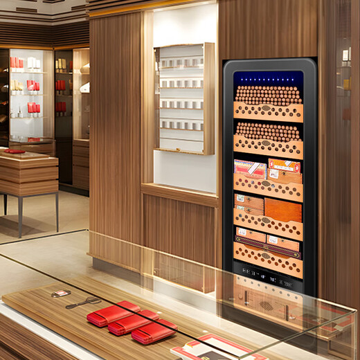 CIGARLOONG 78HC cigar cabinet with constant temperature and humidity, cedar wood shelf, naked maintenance, creative European curved design, air-cooled cigar cabinet, constant temperature and humidity control, cigar cultivation, household cigar humidifier, 78HC black cedar wood shelf + curved + constant temperature and humidity cigar cabinet