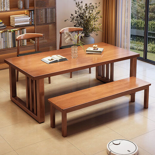 GIVANSH New Chinese Dining Table Home Dining Table Chair Combination Simple Living Room Large Board Reading Table Workbench Integrated Solid Wood Desk CR9901# Walnut Color Single Table 140x80x75cm