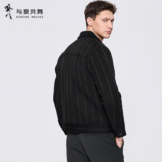 与狼共舞【羽绒内胆】羊毛呢翻领夹克男2024秋冬新款条纹保暖外套男士1054 黑色001 2XL (185)