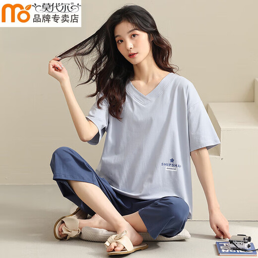 莫代尔睡衣女士夏季纯棉短袖七分裤简约休闲家居服薄款感可外穿套装 HN683 女-L【100-125斤 158-167cm】