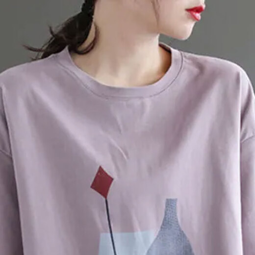 Algodón y ropa de lino Zimu 2025 Ropa de primavera y verano para mujeres, camiseta de manga corta retro estampada literaria suelta y delgada top 9894 Purple XL (recomendado 125-135Jin [Jin iguala 0.5 kg])