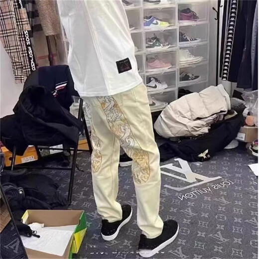 妍黛妮2024春秋云腾牛仔裤男潮牌个性大M刺绣印花休闲修身直筒网红裤子 痞迪-9227图色 28
