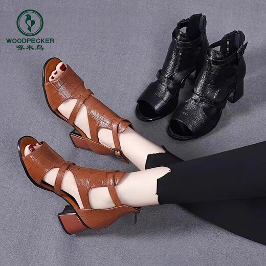 Pic 2025 Sandales romaines d'été pour femmes, talons épais, talons hauts à poisson, bottes courtes creux, chaussures en cuir à mi-nœuds, noir 37