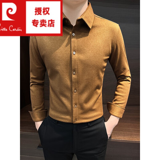 Pierre Cardin woolen shirt men's long-sleeved 2025 autumn and winter warm high-end business long-sleeved shirt men's winter dark gray 3XL recommended 160Jin Jin equal to within 0.5 kg
