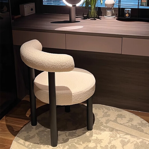 Kunfeng dressing table makeup chair, light luxury and high-end dressing chair, internet celebrity manicure chair, modern simple stool for girls' bedroom, white cashmere, thickened and reinforced, black legs painted