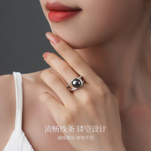 Meluxe S925 Silver Seawater Pearl Ring Tahitian Black Pearl Live Ring for Women Birthday Gift for Wife Pure Black 9.5-10mm